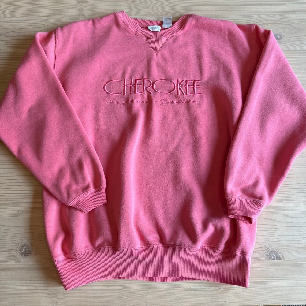 Vintage 90s Cherokee Cotton Blend Coral Pink Embroidered Crewneck Sweatshirt L